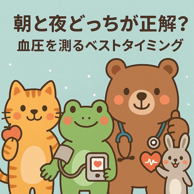 医師の白衣を着たクマが血圧計を持ち、ウサギがジョギング、パンダが瞑想している、健康と血圧管理を楽しく促すかわいい動物キャラクターのイラスト