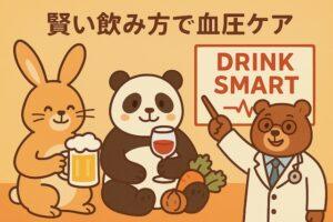 ビールジョッキを持つウサギ、ワイングラスを持つパンダ、「DRINK SMART」と書かれた看板を指す医師のクマが描かれた、アルコールと血圧の関係をわかりやすく伝えるカラフルでかわいい動物キャラクターのイラスト