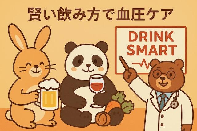 ビールジョッキを持つウサギ、ワイングラスを持つパンダ、「DRINK SMART」と書かれた看板を指す医師のクマが描かれた、アルコールと血圧の関係をわかりやすく伝えるカラフルでかわいい動物キャラクターのイラスト