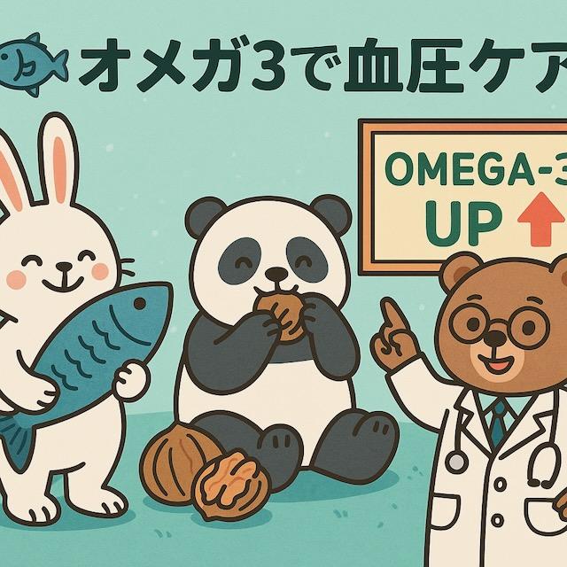 魚を持つウサギ、クルミを食べるパンダ、「OMEGA-3 UP」と書かれた看板を指す医師のクマが描かれた、オメガ3と血圧の関係をわかりやすく伝えるカラフルでかわいい動物キャラクターのイラスト