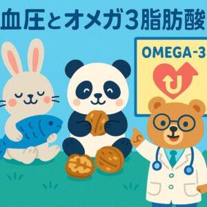 魚を持つウサギ、クルミを食べるパンダ、「OMEGA-3 UP」と書かれた看板を指す医師のクマが描かれた、オメガ3脂肪酸と血圧の関係をわかりやすく伝えるカラフルでかわいい動物キャラクターのイラスト