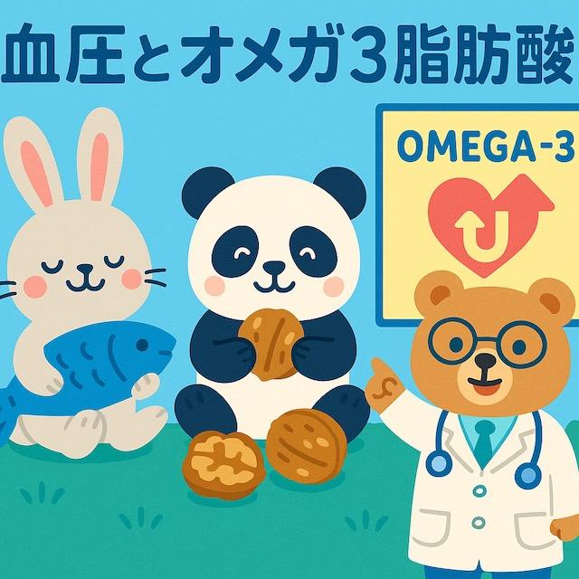 魚を持つウサギ、クルミを食べるパンダ、「OMEGA-3 UP」と書かれた看板を指す医師のクマが描かれた、オメガ3脂肪酸と血圧の関係をわかりやすく伝えるカラフルでかわいい動物キャラクターのイラスト