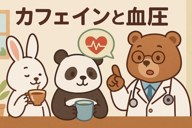 カフェインと血圧の関係を伝えるかわいい動物キャラクターのイラスト