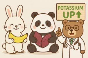 バナナを持つウサギ、さつまいもを持つパンダ、「POTASSIUM UP」と書かれた看板を指す医師のクマが描かれた、カリウムと血圧の関係をわかりやすく伝えるかわいい動物キャラクターのイラスト
