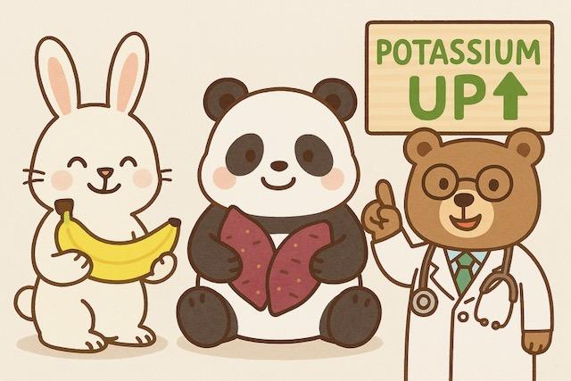バナナを持つウサギ、さつまいもを持つパンダ、「POTASSIUM UP」と書かれた看板を指す医師のクマが描かれた、カリウムと血圧の関係をわかりやすく伝えるかわいい動物キャラクターのイラスト