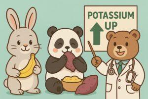 バナナを持つウサギ、さつまいもを食べるパンダ、「POTASSIUM UP」と書かれた看板を指す医師のクマが描かれた、カリウムと血圧の関係をわかりやすく伝えるカラフルでかわいい動物キャラクターのイラスト
