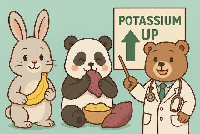 バナナを持つウサギ、さつまいもを食べるパンダ、「POTASSIUM UP」と書かれた看板を指す医師のクマが描かれた、カリウムと血圧の関係をわかりやすく伝えるカラフルでかわいい動物キャラクターのイラスト
