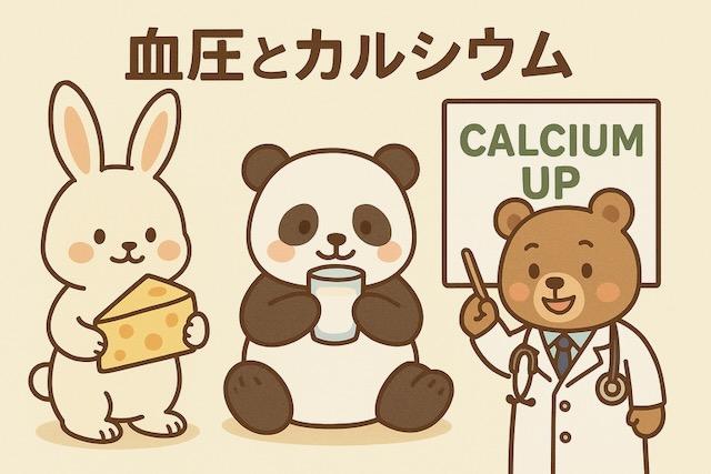 チーズを持つウサギ、牛乳を飲むパンダ、「CALCIUM UP」と書かれた看板を指す医師のクマが描かれた、カルシウムと血圧の関係をわかりやすく伝えるかわいい動物キャラクターのイラスト