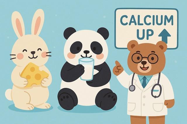 チーズを持つウサギ、牛乳を飲むパンダ、「CALCIUM UP」と書かれた看板を指す医師のクマが描かれた、カルシウムと血圧の関係をわかりやすく伝えるカラフルでかわいい動物キャラクターのイラスト