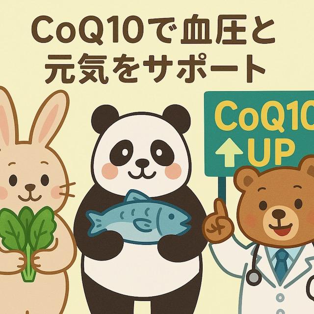ほうれん草を持つウサギ、魚を持つパンダ、「CoQ10 UP」と書かれた看板を指す医師のクマが描かれた、コエンザイムQ10と血圧の関係をわかりやすく伝えるカラフルでかわいい動物キャラクターのイラスト