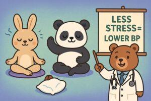 瞑想するウサギ、ヨガをするパンダ、「LESS STRESS = LOWER BP」と書かれた看板を指す医師のクマが描かれた、ストレスと血圧の関係をわかりやすく伝えるカラフルでかわいい動物キャラクターのイラスト