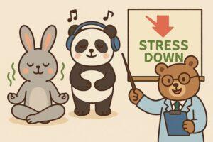 瞑想するウサギ、音楽を聴くパンダ、「STRESS DOWN」と書かれた看板を指す医師のクマが描かれた、ストレス解消と血圧管理をわかりやすく伝えるかわいい動物キャラクターのイラスト