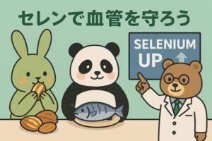 ブラジルナッツを食べるウサギ、魚を持つパンダ、「SELENIUM UP」と書かれた看板を指す医師のクマが描かれた、セレンと血圧の関係をわかりやすく伝えるカラフルでかわいい動物キャラクターのイラスト