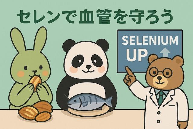 ブラジルナッツを食べるウサギ、魚を持つパンダ、「SELENIUM UP」と書かれた看板を指す医師のクマが描かれた、セレンと血圧の関係をわかりやすく伝えるカラフルでかわいい動物キャラクターのイラスト