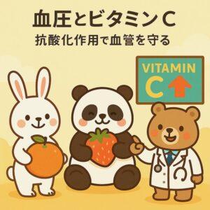 オレンジを持つウサギ、イチゴを食べるパンダ、「VITAMIN C UP」と書かれた看板を指す医師のクマが描かれた、ビタミンCと血圧の関係をわかりやすく伝えるカラフルでかわいい動物キャラクターのイラスト