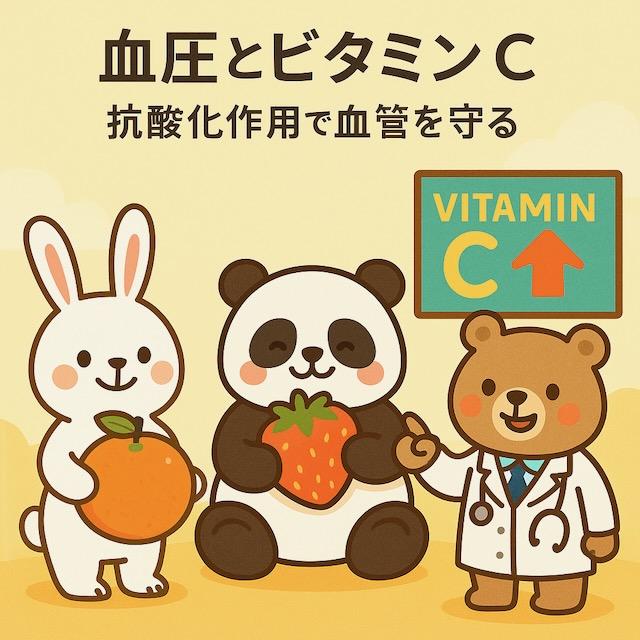 オレンジを持つウサギ、イチゴを食べるパンダ、「VITAMIN C UP」と書かれた看板を指す医師のクマが描かれた、ビタミンCと血圧の関係をわかりやすく伝えるカラフルでかわいい動物キャラクターのイラスト