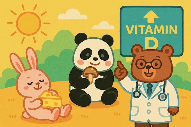 太陽の下で日光浴をするウサギ、きのこを持つパンダ、「VITAMIN D UP」と書かれた看板を指す医師のクマが描かれた、ビタミンDと血圧の関係をわかりやすく伝えるカラフルでかわいい動物キャラクターのイラスト