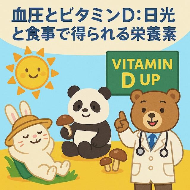 日光浴をするウサギ、きのこを持つパンダ、「VITAMIN D UP」と書かれた看板を指す医師のクマが描かれた、ビタミンDと血圧の関係をわかりやすく伝えるカラフルでかわいい動物キャラクターのイラスト