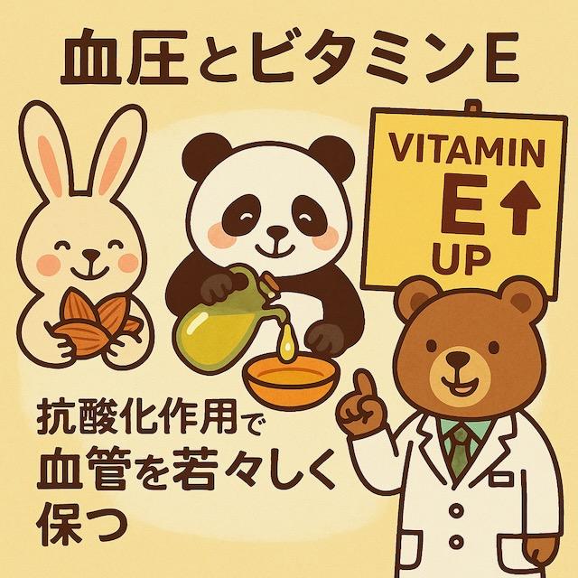 アーモンドを持つウサギ、オリーブオイルを注ぐパンダ、「VITAMIN E UP」と書かれた看板を指す医師のクマが描かれた、ビタミンEと血圧の関係をわかりやすく伝えるカラフルでかわいい動物キャラクターのイラスト