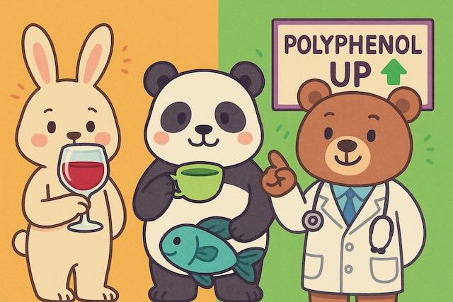 赤ワインを持つウサギ、緑茶を飲むパンダ、「POLYPHENOL UP」と書かれた看板を指す医師のクマが描かれた、ポリフェノールと血圧の関係をわかりやすく伝えるカラフルでかわいい動物キャラクターのイラスト