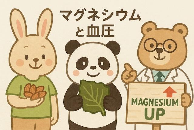 アーモンドを持つウサギ、海藻を持つパンダ、「MAGNESIUM UP」と書かれた看板を指す医師のクマが描かれた、マグネシウムと血圧の関係をわかりやすく伝えるかわいい動物キャラクターのイラスト