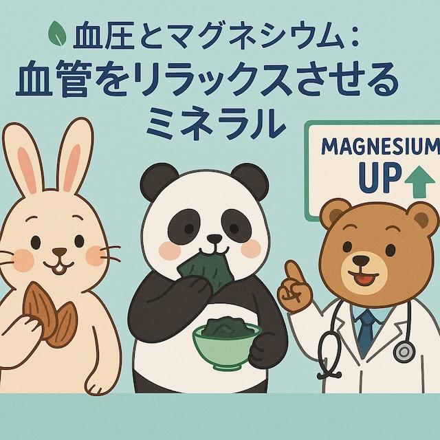 アーモンドを持つウサギ、海藻を食べるパンダ、「MAGNESIUM UP」と書かれた看板を指す医師のクマが描かれた、マグネシウムと血圧の関係をわかりやすく伝えるカラフルでかわいい動物キャラクターのイラスト