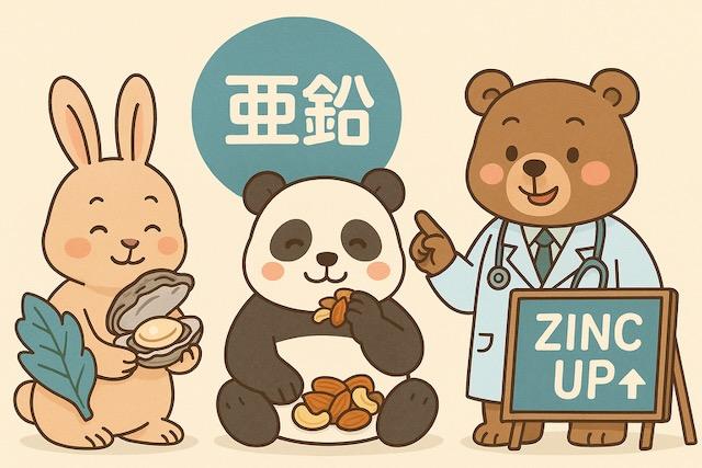 カキを持つウサギ、ナッツを食べるパンダ、「ZINC UP」と書かれた看板を指す医師のクマが描かれた、亜鉛と血圧の関係をわかりやすく伝えるカラフルでかわいい動物キャラクターのイラスト