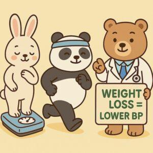 体重計に乗るウサギ、ジョギングするパンダ、「WEIGHT LOSS = LOWER BP」と書かれた看板を指す医師のクマが描かれた、体重管理と血圧の関係をわかりやすく伝えるカラフルでかわいい動物キャラクターのイラスト