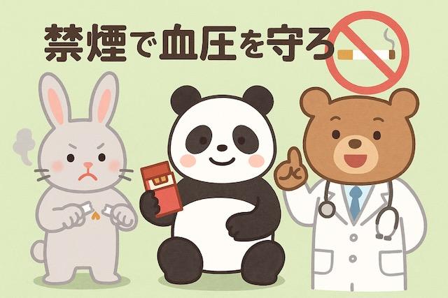 喫煙と血圧の関係を伝えるかわいい動物キャラクターのイラスト