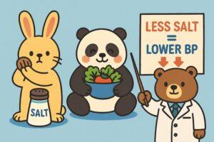 塩の容器を隠すウサギ、野菜を持つパンダ、「LESS SALT = LOWER BP」と書かれた看板を指す医師のクマが描かれた、塩分と血圧の関係をわかりやすく伝えるカラフルでかわいい動物キャラクターのイラスト