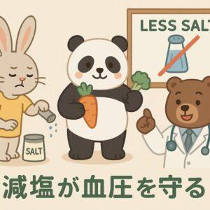 塩をかけすぎて驚くウサギ、野菜を持つパンダ、「LESS SALT」と書かれた看板を指し示す医師のクマが描かれた、塩分と血圧の関係をわかりやすく伝えるかわいい動物キャラクターのイラスト