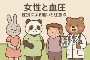 若いウサギ、妊娠中のパンダ、中年のクマの女性、そして血圧計を示す医師のクマが描かれた、女性と血圧の関係をやさしく伝えるかわいい動物キャラクターのイラスト