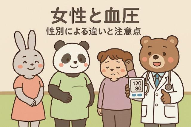 若いウサギ、妊娠中のパンダ、中年のクマの女性、そして血圧計を示す医師のクマが描かれた、女性と血圧の関係をやさしく伝えるかわいい動物キャラクターのイラスト