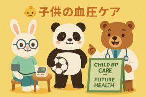 血圧測定を受けるウサギ、サッカーボールを持つパンダ、「CHILD BP CARE = FUTURE HEALTH」と書かれた看板を指す医師のクマが描かれた、子供の血圧ケアの重要性を伝えるカラフルでかわいい動物キャラクターのイラスト