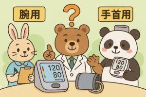 医師のクマが腕用と手首用の血圧計を比較し、ウサギがメモを取り、パンダが興味深そうに見ている、家庭用血圧計の選び方を楽しく伝えるかわいい動物キャラクターのイラスト