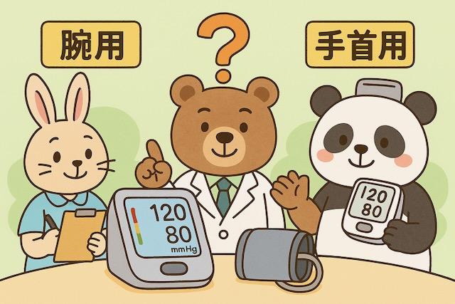 医師のクマが腕用と手首用の血圧計を比較し、ウサギがメモを取り、パンダが興味深そうに見ている、家庭用血圧計の選び方を楽しく伝えるかわいい動物キャラクターのイラスト