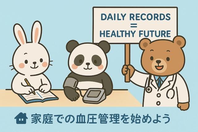 血圧日記を書くウサギ、家庭用血圧計を使うパンダ、「DAILY RECORDS = HEALTHY FUTURE」と書かれた看板を指す医師のクマが描かれた、家庭血圧測定の重要性を伝えるカラフルでかわいい動物キャラクターのイラスト