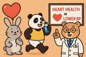 ハート形の風船を持つウサギ、運動するパンダ、「HEART HEALTH = LOWER BP」と書かれた看板を指す医師のクマが描かれた、心臓病と血圧の関係をわかりやすく伝えるカラフルでかわいい動物キャラクターのイラスト