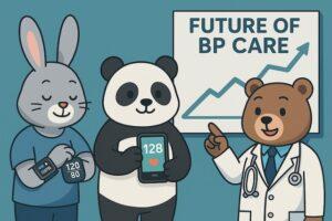 スマートウォッチをつけたウサギ、スマホで健康アプリを使うパンダ、「FUTURE OF BP CARE」と書かれた看板を指す医師のクマが描かれた、最新医療と血圧管理をわかりやすく伝えるカラフルでかわいい動物キャラクターのイラスト