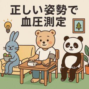 椅子に正しく座るウサギ、静かな部屋で落ち着くパンダ、血圧計の使い方を示す医師のクマが登場する、血圧測定時の環境と姿勢をわかりやすく伝えるかわいい動物キャラクターのイラスト