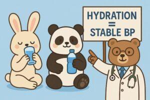 水を飲むウサギ、水筒を持つパンダ、「HYDRATION = STABLE BP」と書かれた看板を指す医師のクマが描かれた、水分補給と血圧の関係をわかりやすく伝えるカラフルでかわいい動物キャラクターのイラスト