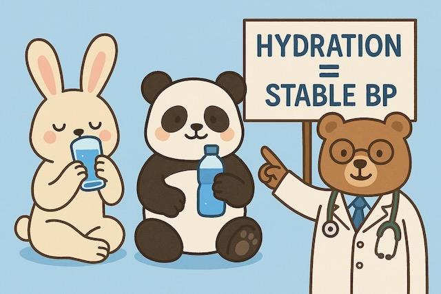 水を飲むウサギ、水筒を持つパンダ、「HYDRATION = STABLE BP」と書かれた看板を指す医師のクマが描かれた、水分補給と血圧の関係をわかりやすく伝えるカラフルでかわいい動物キャラクターのイラスト
