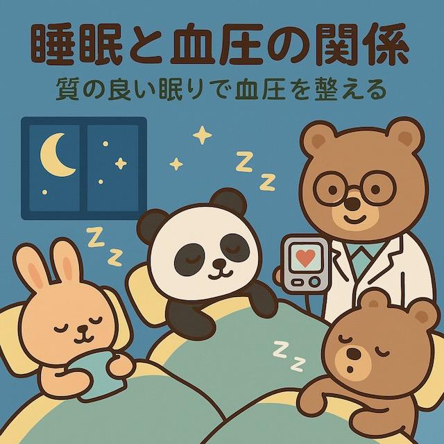 ベッドで眠るウサギとパンダ、安らかに休むクマを見守る医師のクマが描かれた、睡眠と血圧の関係をやさしく伝えるかわいい動物キャラクターのイラスト