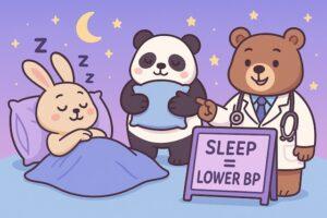 ベッドで眠るウサギ、枕を抱えるパンダ、「SLEEP = LOWER BP」と書かれた看板を指す医師のクマが描かれた、睡眠と血圧の関係をわかりやすく伝えるカラフルでかわいい動物キャラクターのイラスト