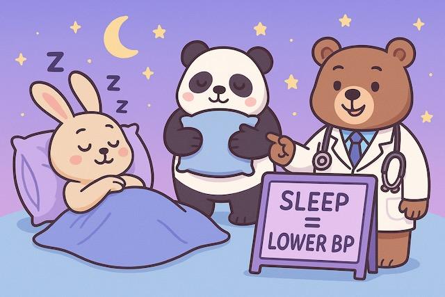 ベッドで眠るウサギ、枕を抱えるパンダ、「SLEEP = LOWER BP」と書かれた看板を指す医師のクマが描かれた、睡眠と血圧の関係をわかりやすく伝えるカラフルでかわいい動物キャラクターのイラスト
