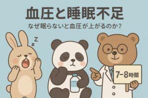 あくびをするウサギ、眠そうに目を閉じるパンダ、「7〜8時間」と書かれた看板を持つ医師のクマが描かれた、睡眠不足と血圧の関係をわかりやすく伝えるかわいい動物キャラクターのイラスト