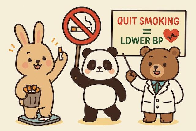タバコを捨てるウサギ、「禁煙」マークを持つパンダ、「QUIT SMOKING = LOWER BP」と書かれた看板を指す医師のクマが描かれた、禁煙と血圧の関係をわかりやすく伝えるカラフルでかわいい動物キャラクターのイラスト