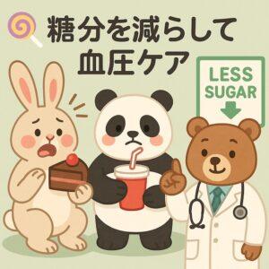 ケーキを食べて困るウサギ、ソーダを飲むパンダ、「LESS SUGAR」と書かれた看板を指す医師のクマが描かれた、糖分と血圧の関係をわかりやすく伝えるかわいい動物キャラクターのイラスト