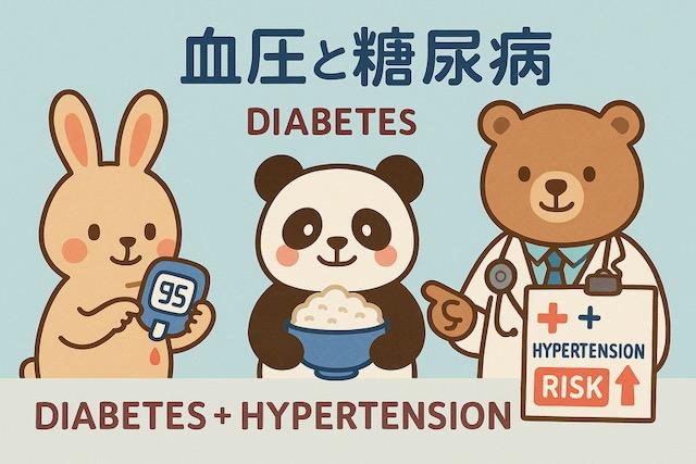 血糖測定器を持つウサギ、ご飯を持つパンダ、「DIABETES + HYPERTENSION RISK」と書かれた看板を指す医師のクマが描かれた、糖尿病と血圧の関係をわかりやすく伝えるカラフルでかわいい動物キャラクターのイラスト