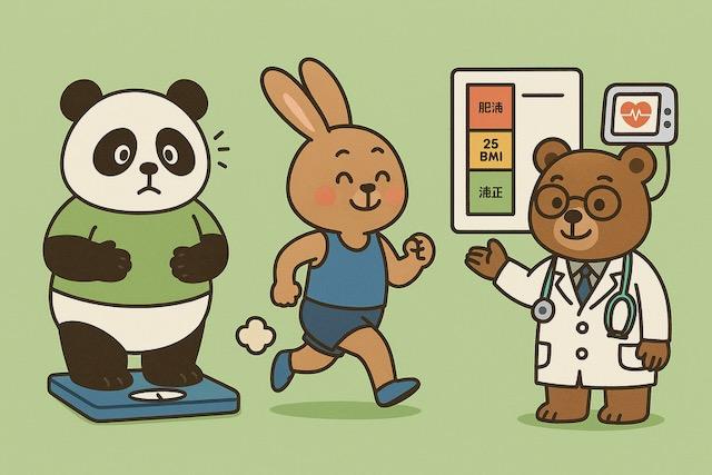 体重計に乗るパンダ、ジョギングするウサギ、BMIチャートを指し示す医師のクマが描かれた、肥満と血圧の関係をわかりやすく伝えるかわいい動物キャラクターのイラスト